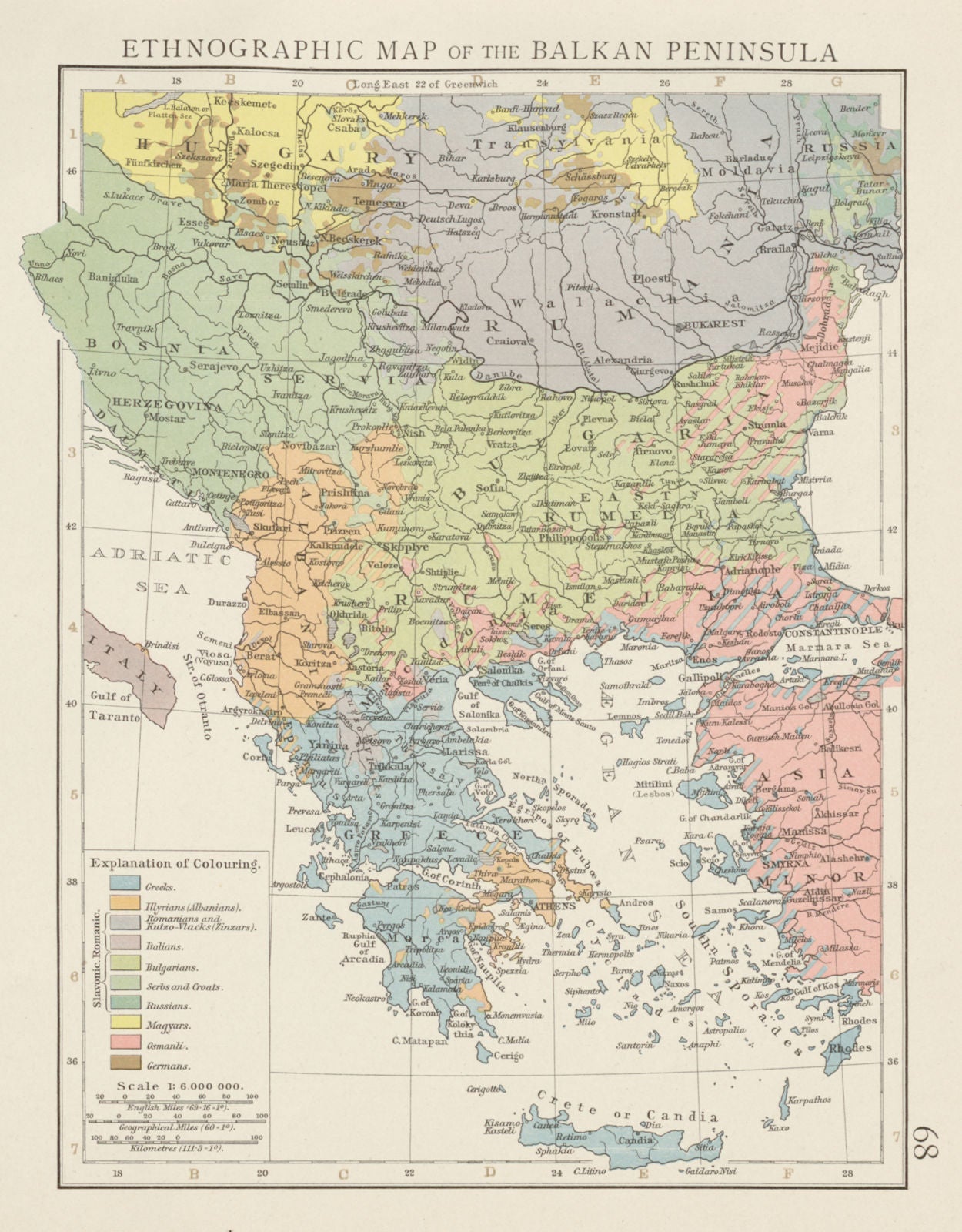 Balkan Peninsula ethnographic map. Greeks Bulgarians Serbs Croats TIMES 1900